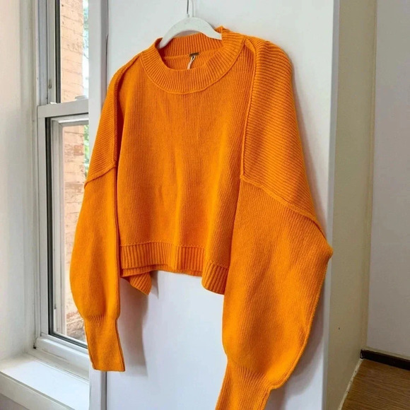 New Free People Easy Street Crop Pullover Crewneck Sweater Oversized Rib Orange - Picture 4 of 7